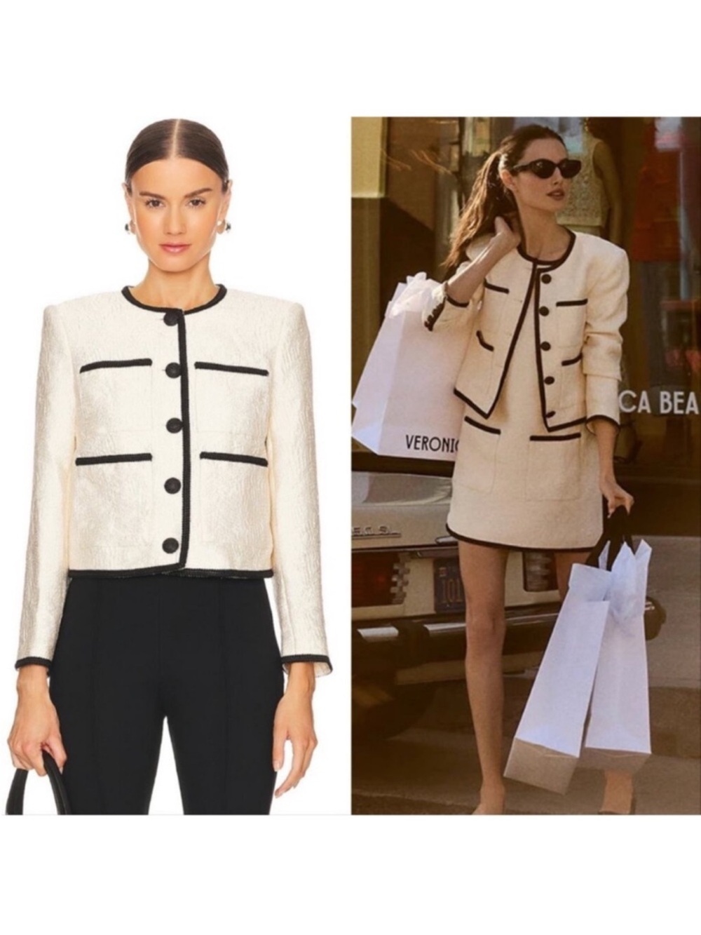 Veronica Beard “Darla Jacket” Ecru/Black Trim Tweed-Textured Blazer-Size 8